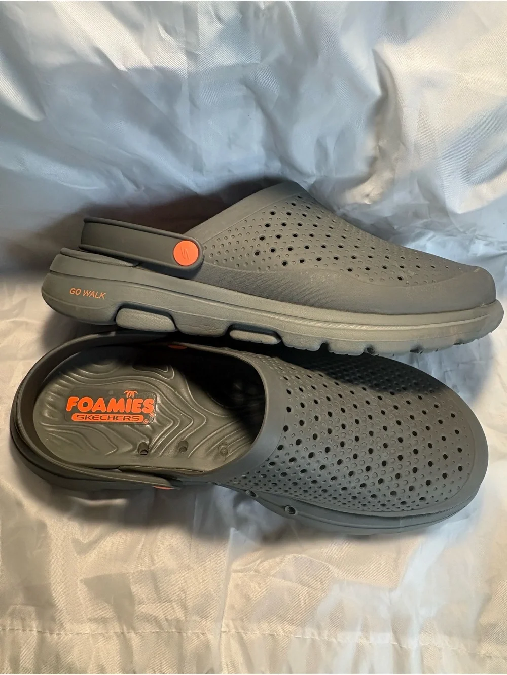 Skechers Gray Foamies Go Walk Slip-On Clogs with Orange Accents